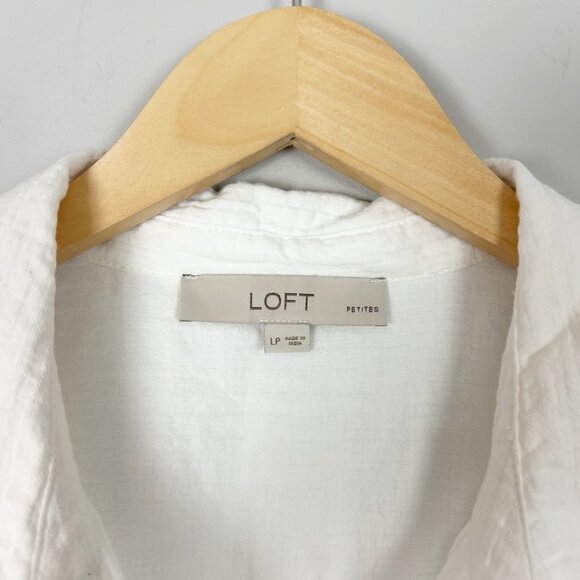 Loft Gauzy White Button Down Shirt Boxy Collared Hi-Low Size Petite Large Womens - Picture 4 of 4